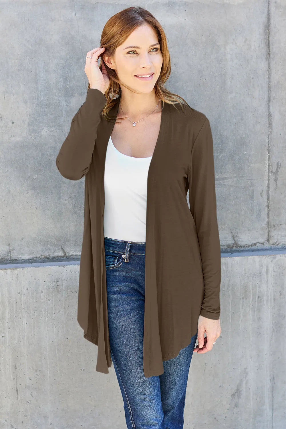 Basic Bae Full Size Open Front Long Sleeve Cardigan Brown OutfitFlow