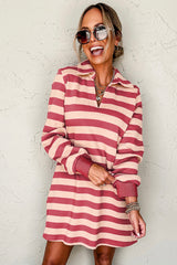 Outfit Flow - Contrast Striped Johnny Collar Long Sleeve Mini Dress