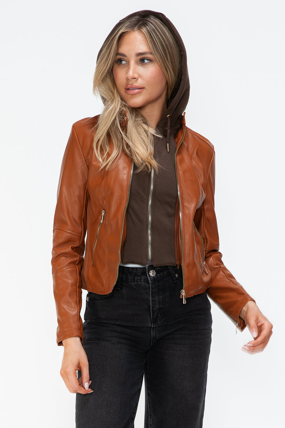 Outfit Flow - Snobbish Faux Leather Zip Up Drawstring Hooded Jacket