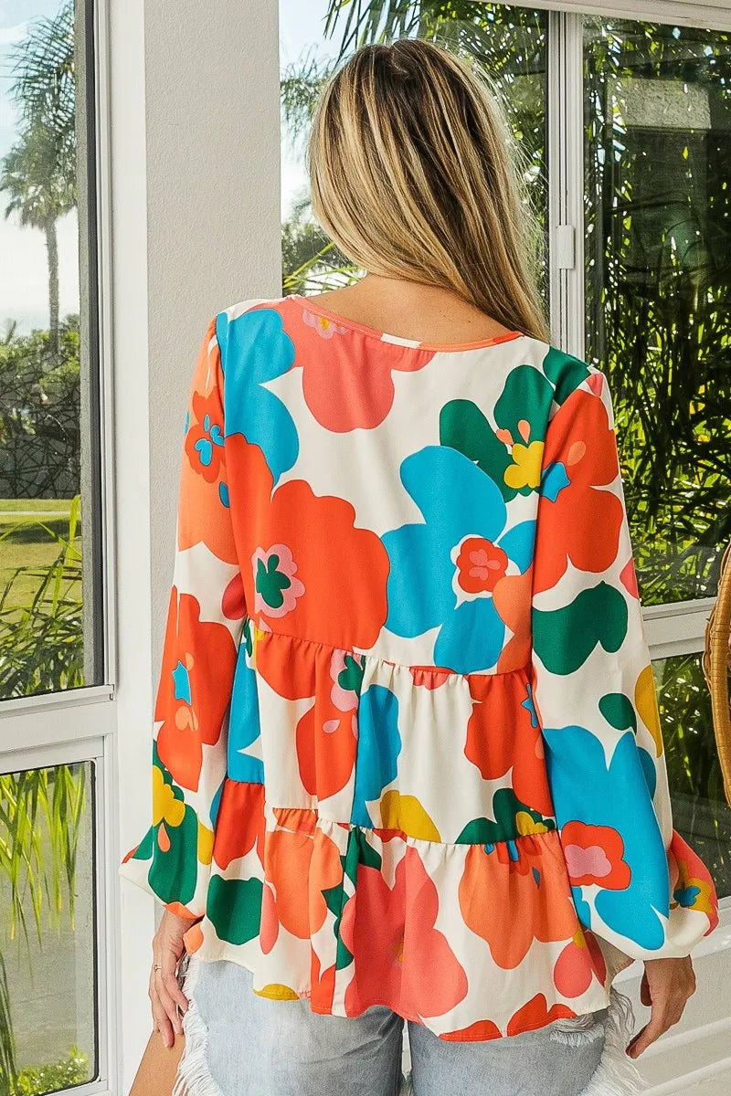 BiBi Floral Woven Tiered V Neck Top Trendsi