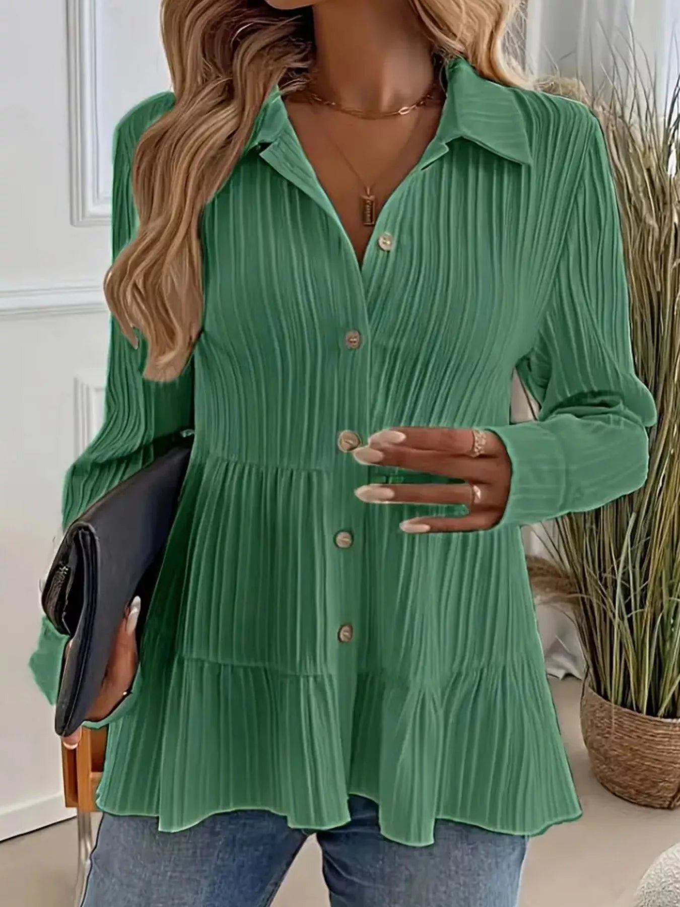 Button-Down Long Sleeve Tiered Shirt OutfitFlow