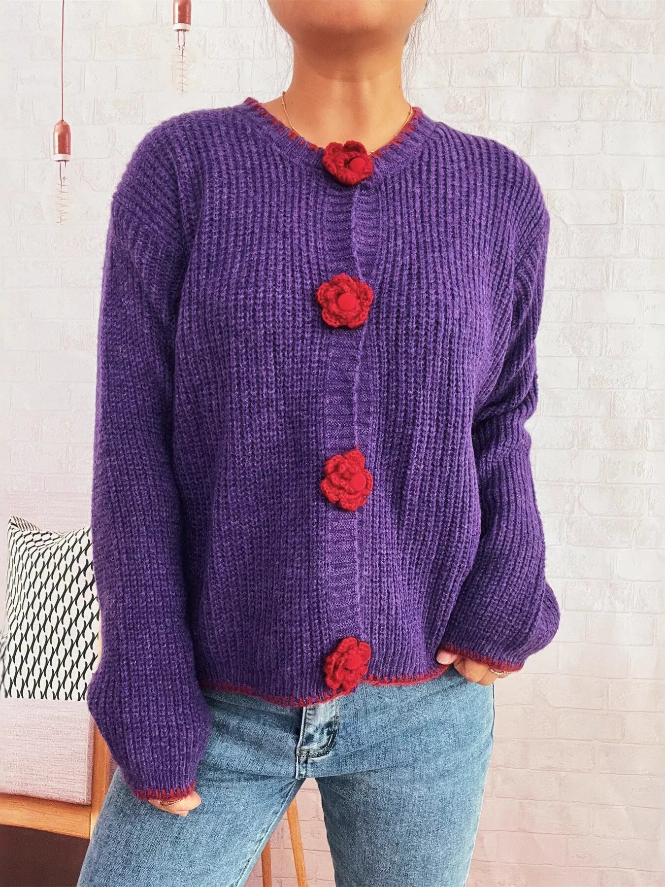 Flower Button Long Sleeve Cardigan OutfitFlow