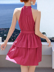 Pleated Halter Neck Layered Mini Dress OutfitFlow