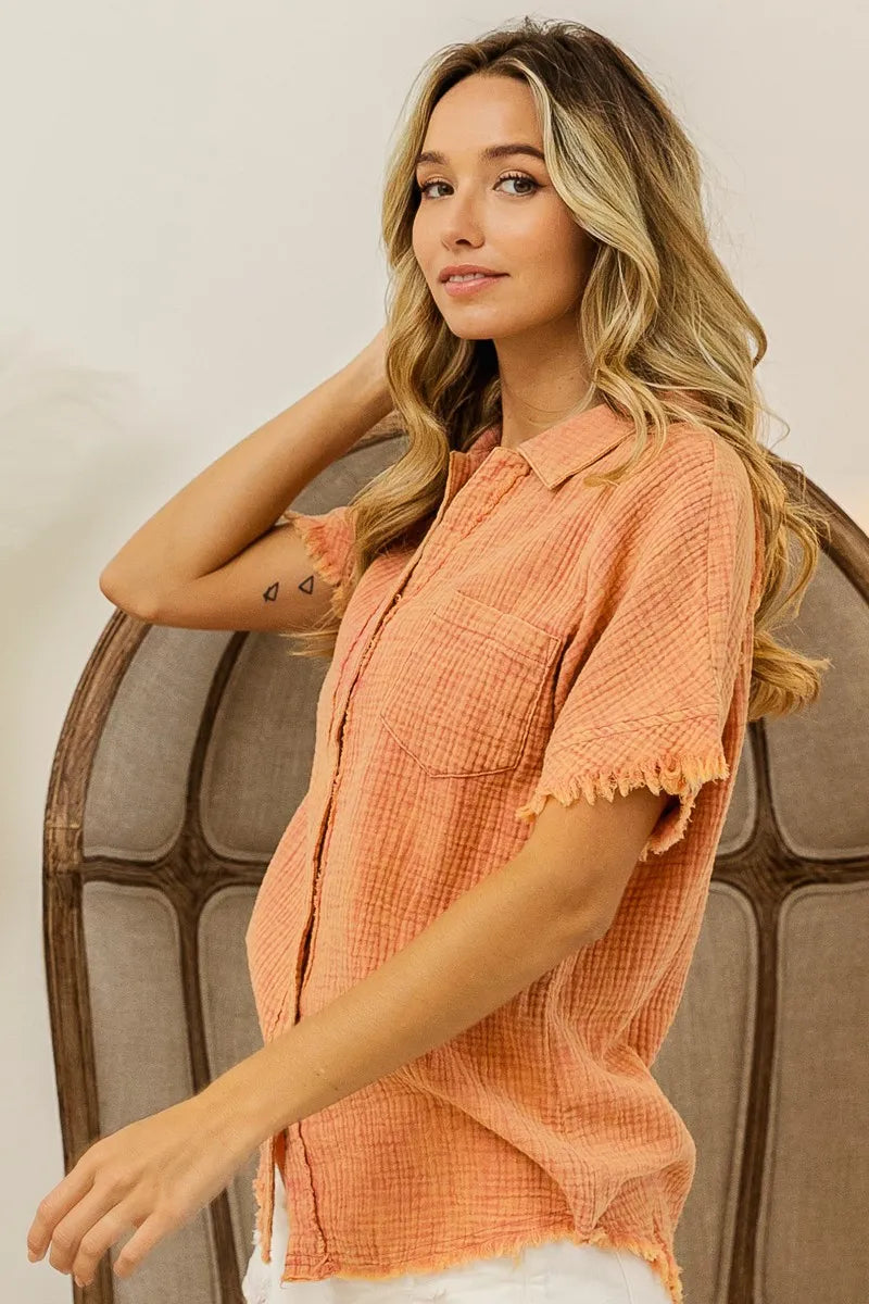 BiBi Mineral Washed Buttoned Up Shirt Top OutfitFlow