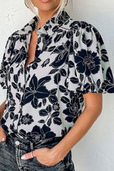 Floral Button Down Puff Sleeve Shirt OutfitFlow