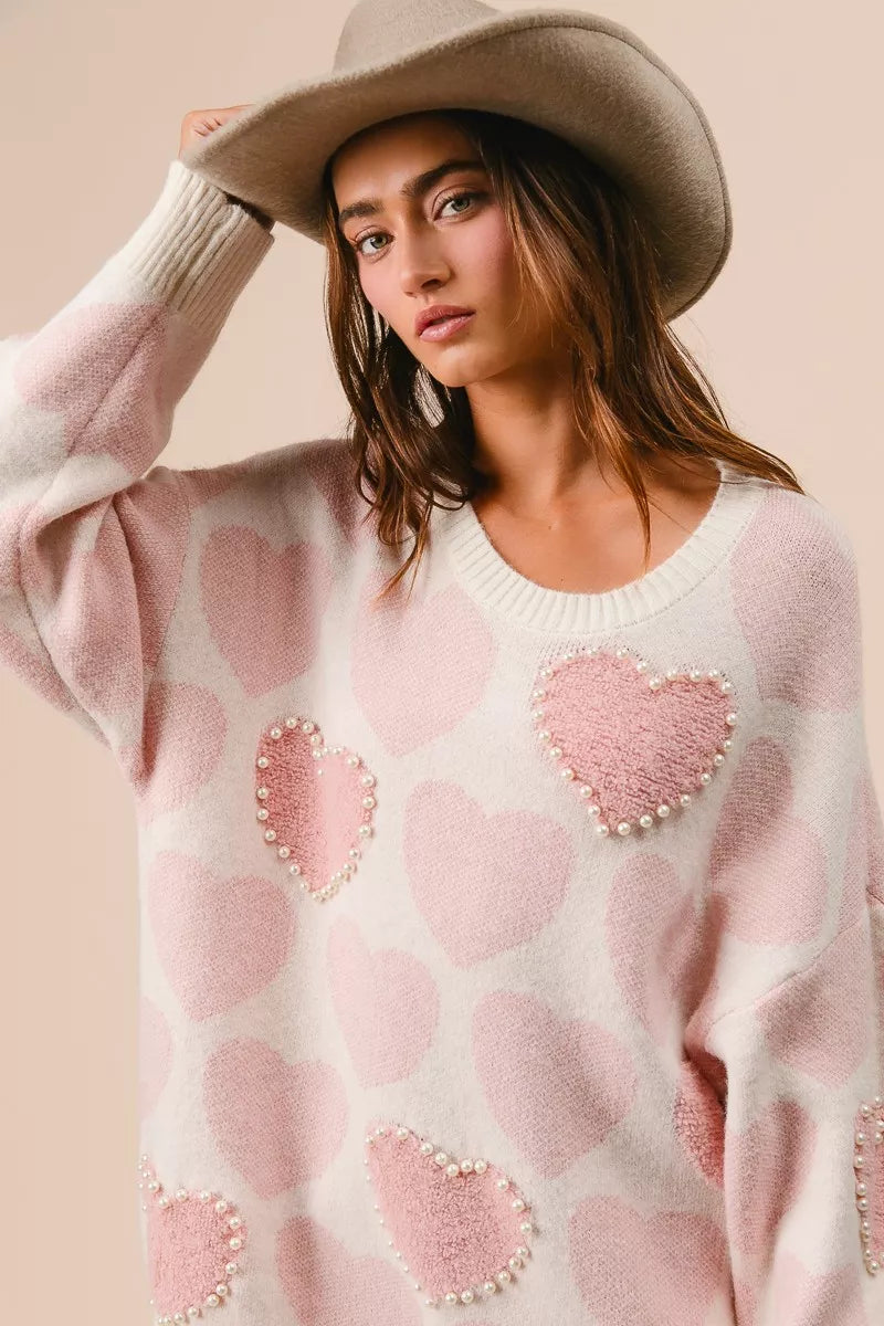 BiBi Heart Pattern Sweater with Pearl Detail OutfitFlow