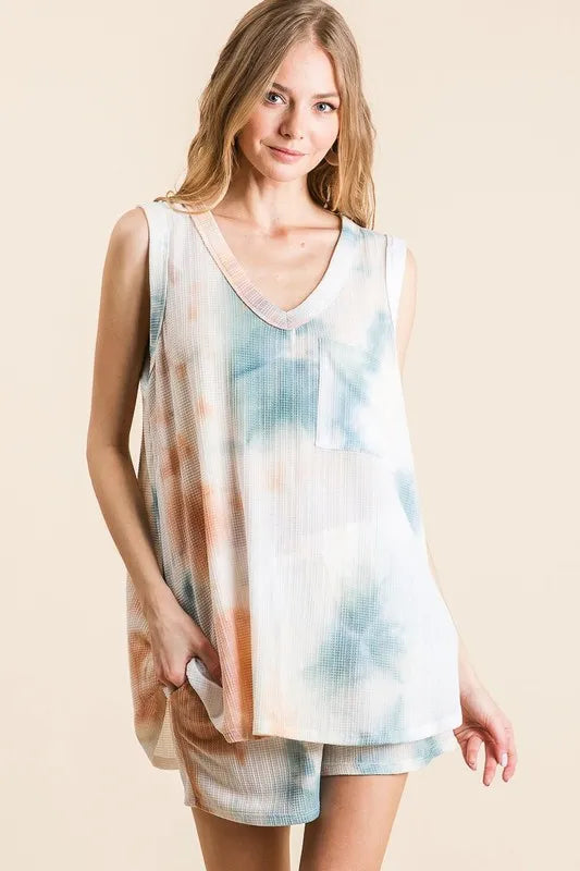 BiBi Tie Dye Textured Knit Top and Shorts Set OutfitFlow