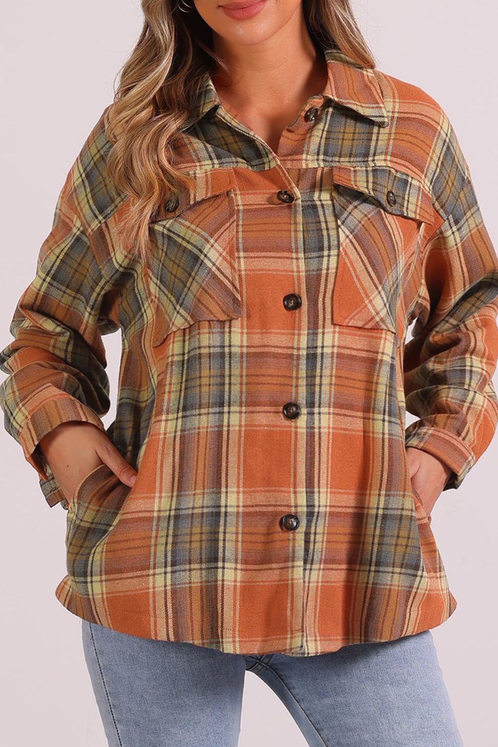 Outfit Flow - Plaid Collared Neck Long Sleeve Shirt with Chest Pockets