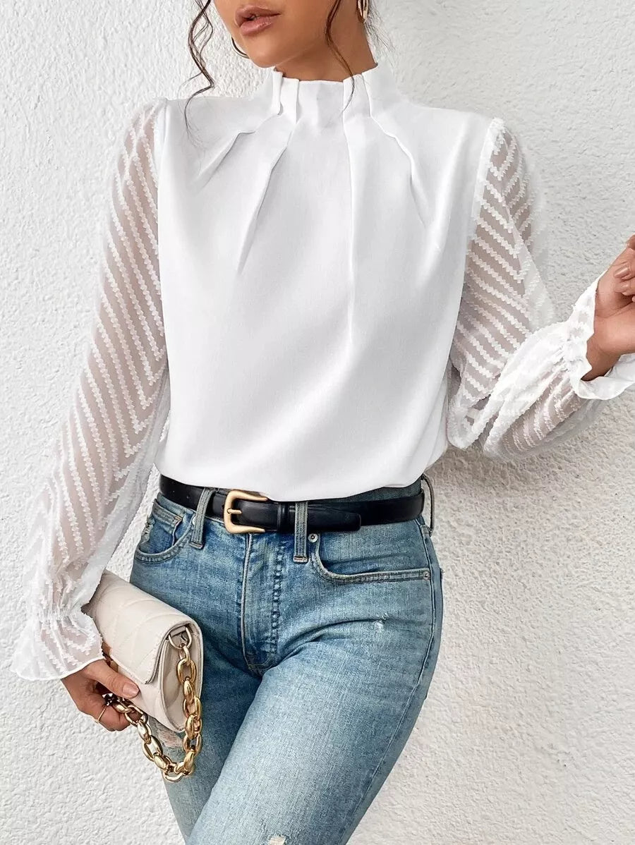 Mock Neck Sheer Lace Sleeve Blouse OutfitFlow