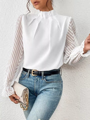 Mock Neck Sheer Lace Sleeve Blouse OutfitFlow