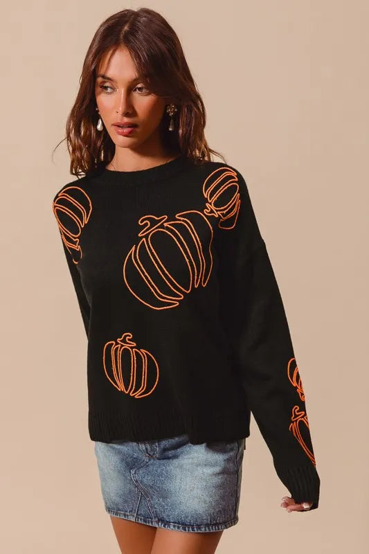SO ME Pumpkin Embroidered Halloween Thanksgiving Sweater OutfitFlow