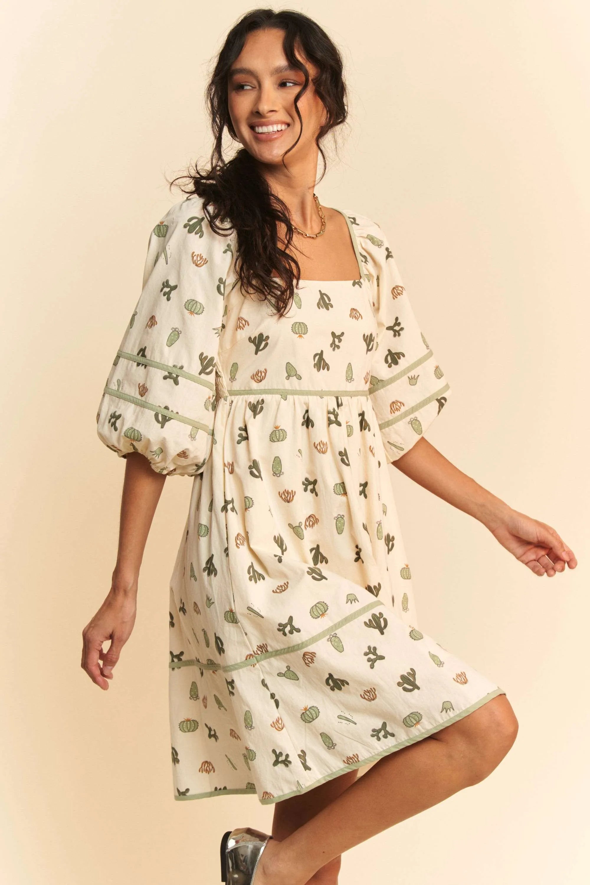 Davi & Dani Cactus Printed Poplin Contrast Piping Mini Dress OutfitFlow