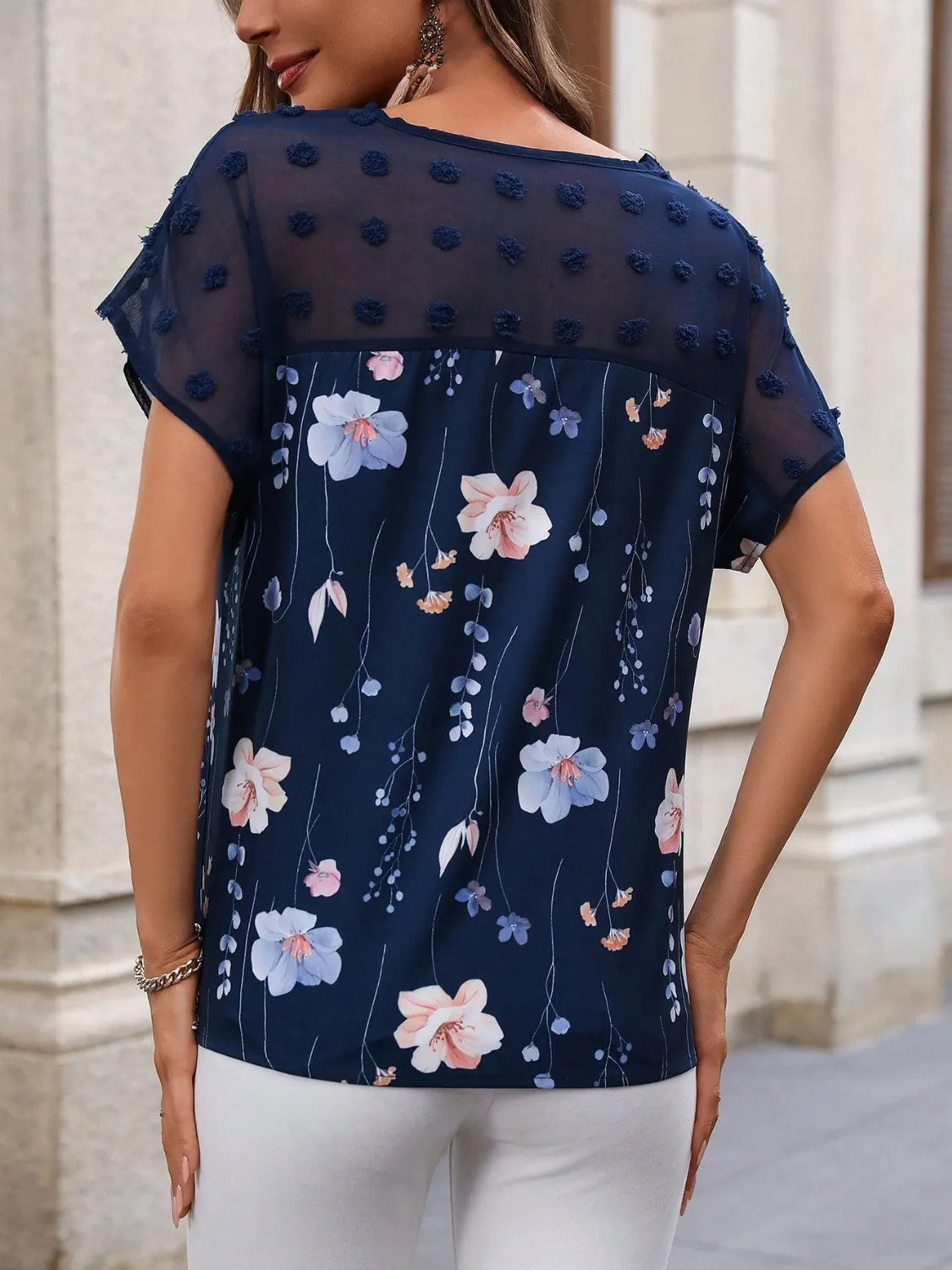 Floral Print V-Neck Flutter Sleeve Casual Top OutfitFlow