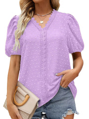 Puff Sleeve Swiss Dot Lace Trim Blouse Purple OutfitFlow