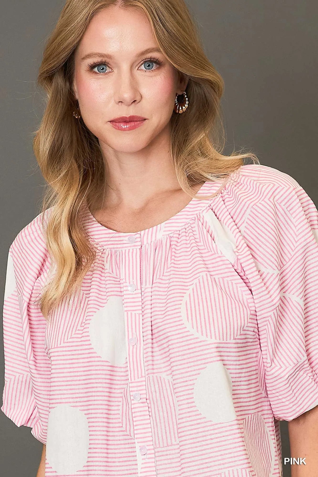 Umgee Stripe and Dot Print Button Down Puff Sleeve Mini Dress Trendsi