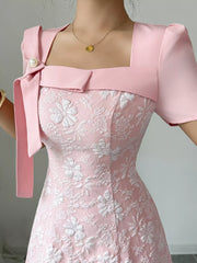 Bow Detail Square Neck Short Sleeve Dress OutfitFlow