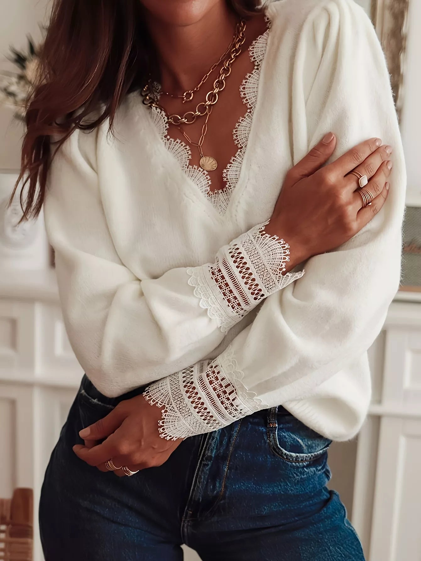 Lace Trim V-Neck Sweater OutfitFlow