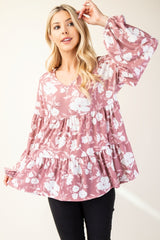 Outfit Flow - Celeste Full Size Tiered Floral V-Neck Long Sleeve Blouse