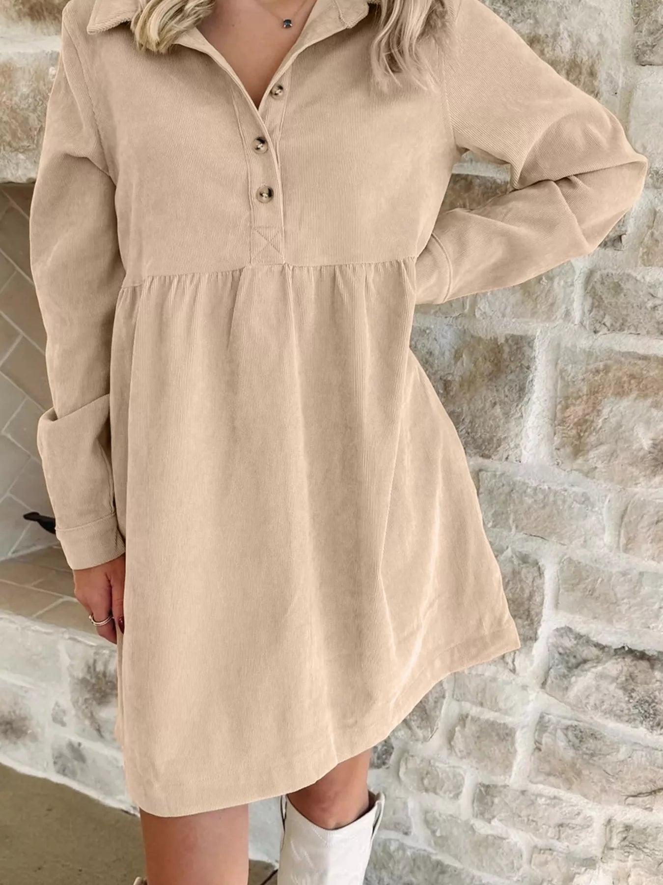 Corduroy Half Button Collared Long Sleeve Mini Dress Beige OutfitFlow
