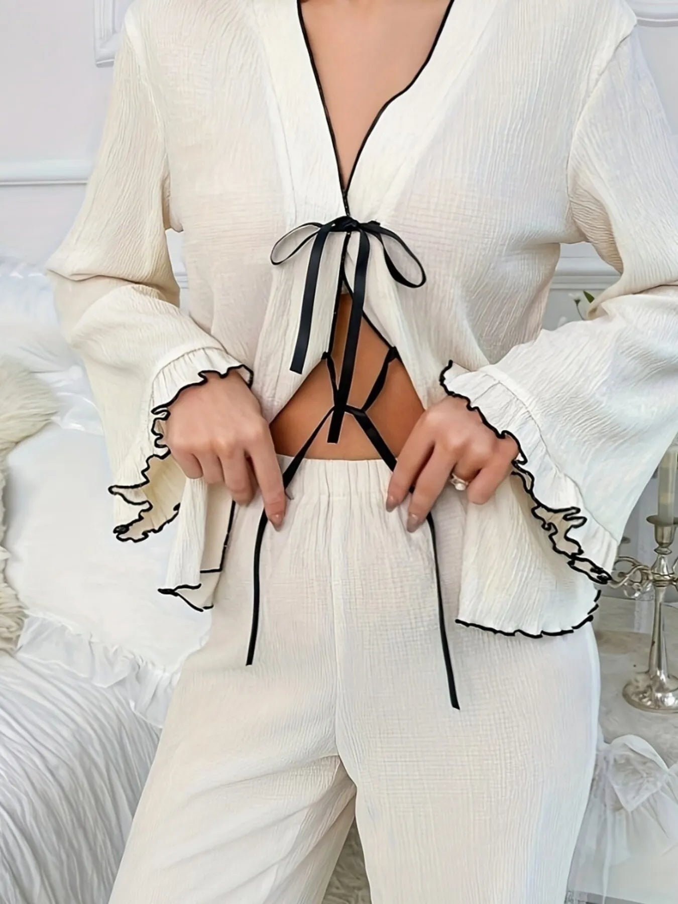 Contrast Trim Bow Tie Shirt and Pants Lounge Set OutfitFlow