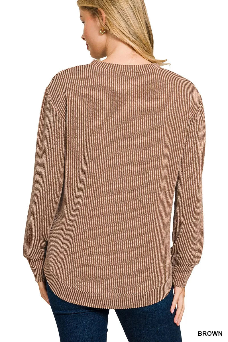 Zenana Full Size Raised Rib Round Neck Long Sleeve Top Plus Size OutfitFlow