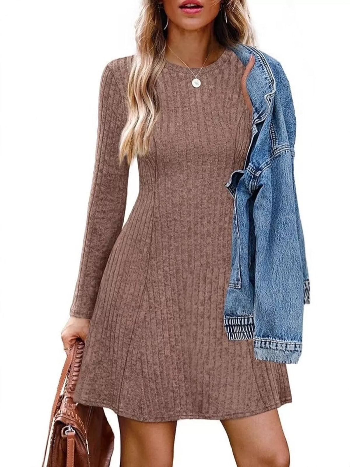 Ribbed Knit Long Sleeve A-Line Dress Brown OutfitFlow