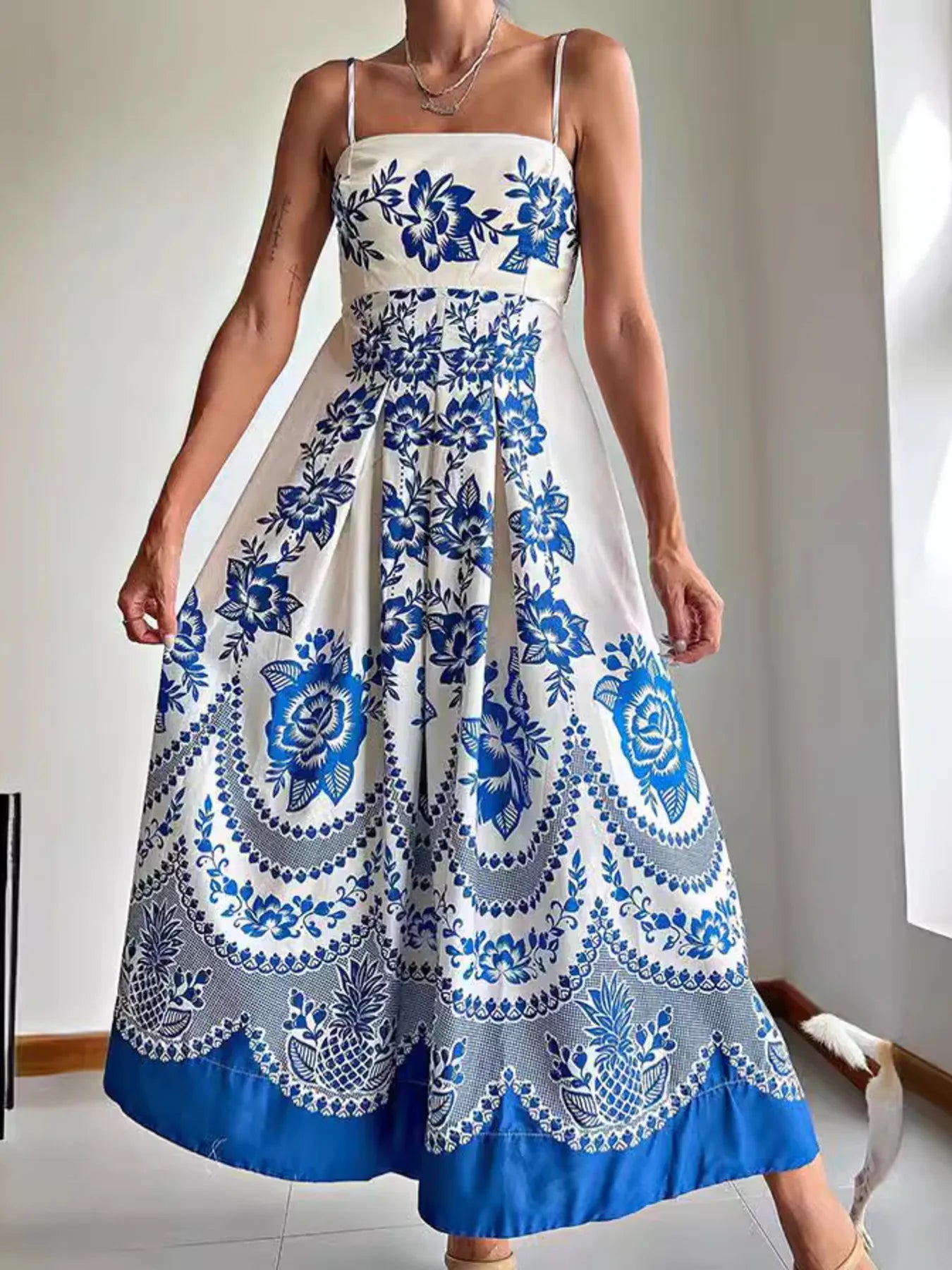 Printed Spaghetti Strap Maxi Dress OutfitFlow