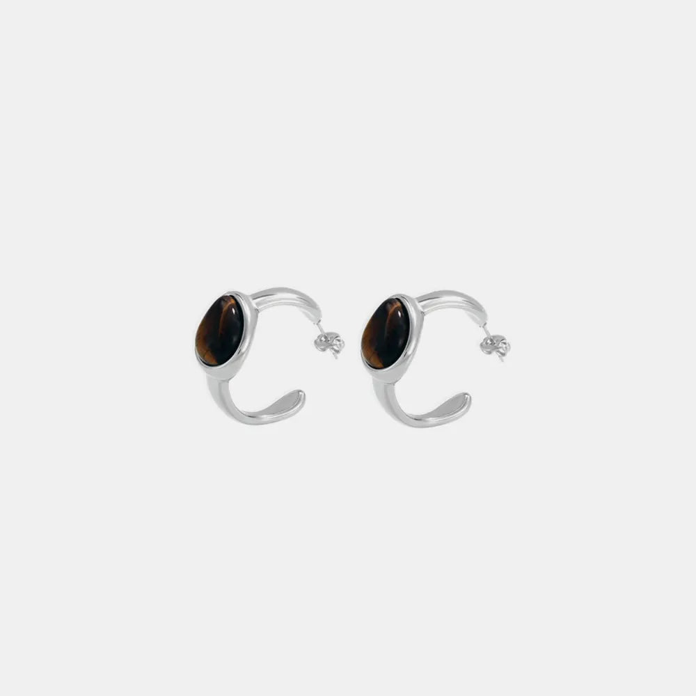 Stainless Steel Natural Tiger's Eye C-Hoop Earrings OutfitFlow