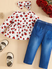 Children's Ladybug Print Ruffle Hem Top & Jeans Set with Headband Trendsi