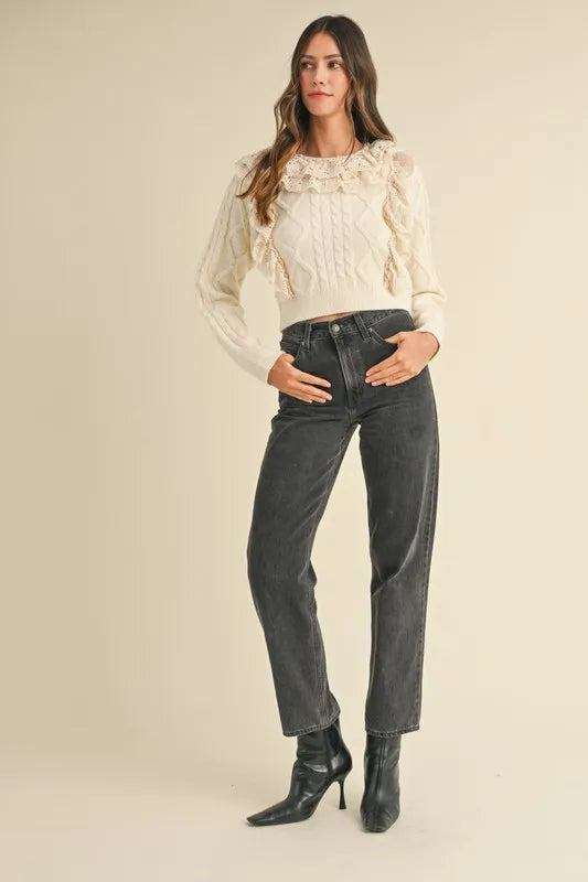 MABLE Ruffled Lace Crochet Sweater Trendsi