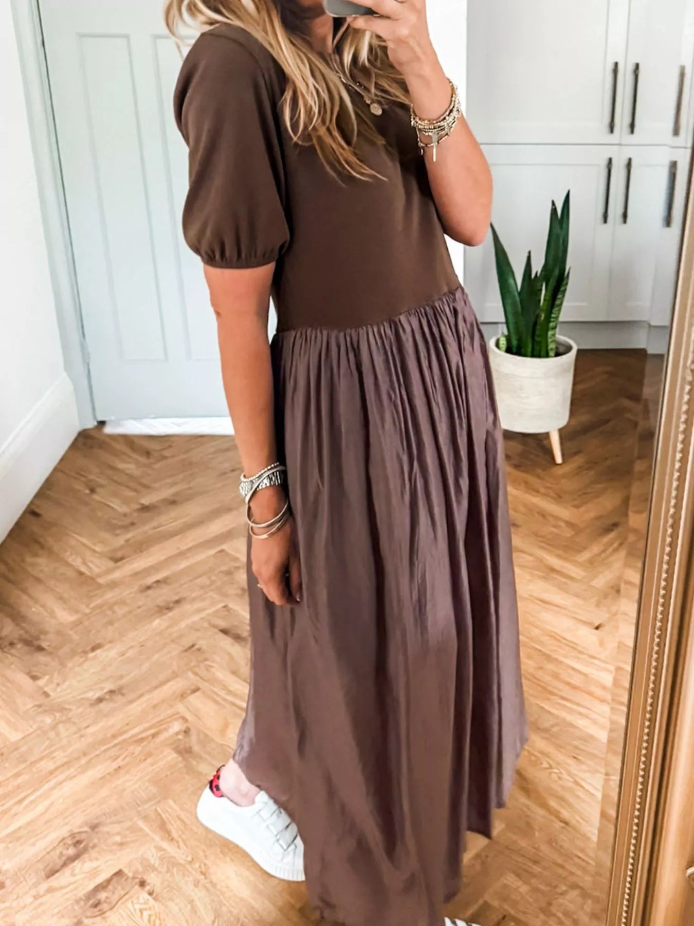 Short Sleeve Knit Top Patchwork Pleated Dress OutfitFlow