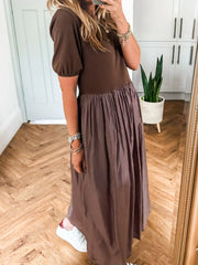 Short Sleeve Knit Top Patchwork Pleated Dress OutfitFlow