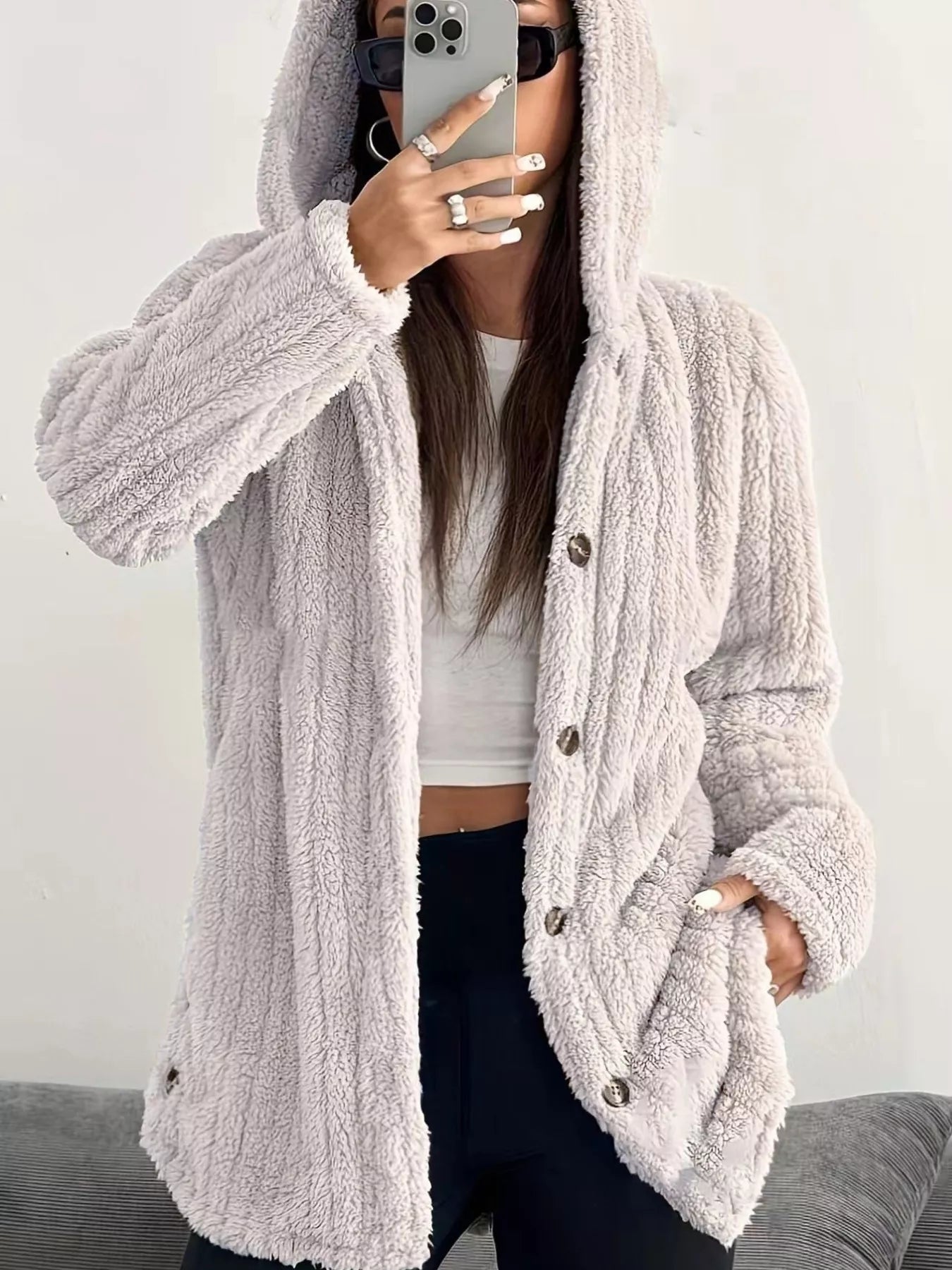 Cozy Oversized Hooded Button-Up Jacket OutfitFlow