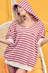 BiBi Stripe Fleece Notch Neck Short Sleeve Hoodie OutfitFlow