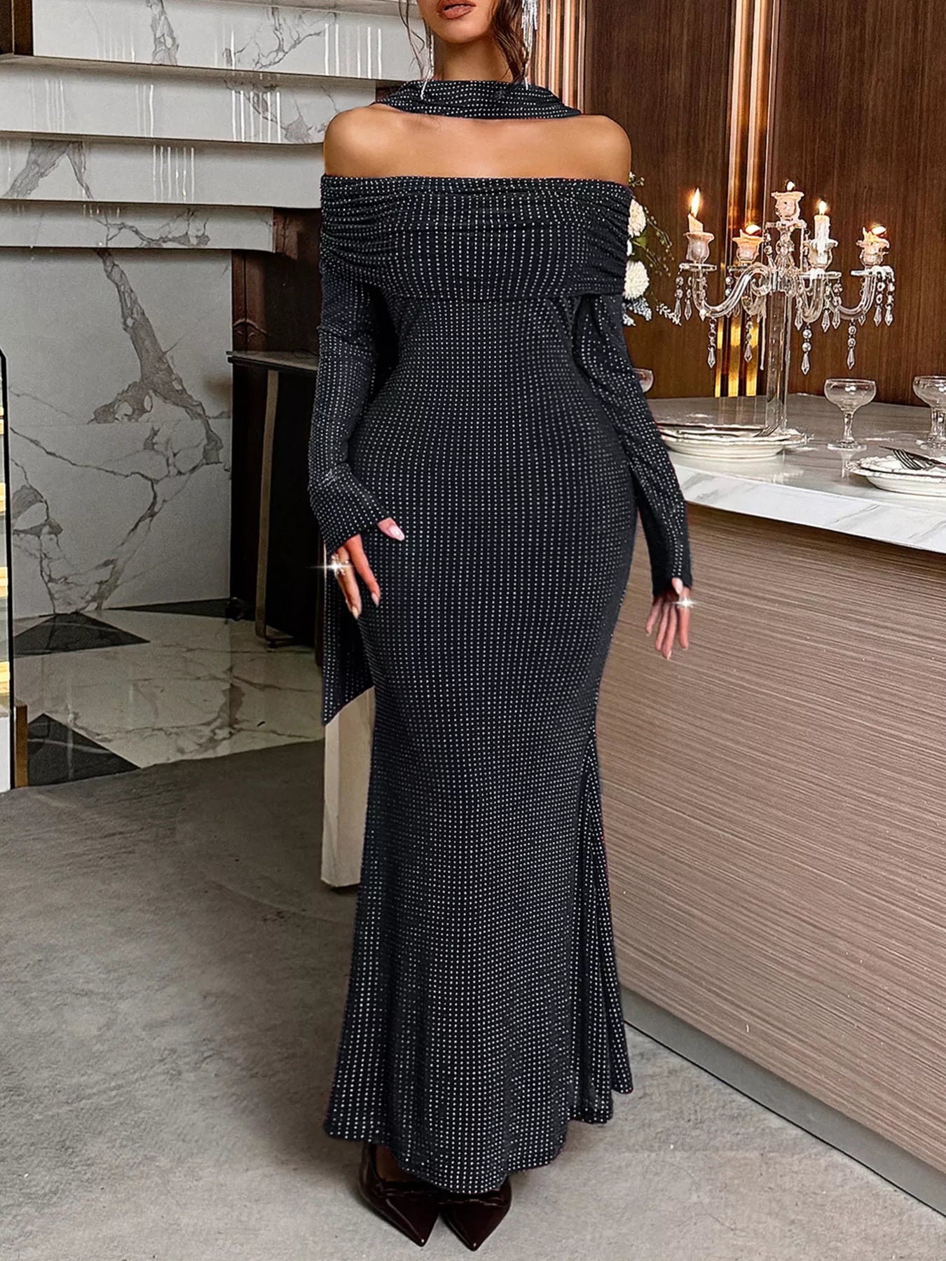 Off-Shoulder Scarf Bodycon Maxi Dress OutfitFlow
