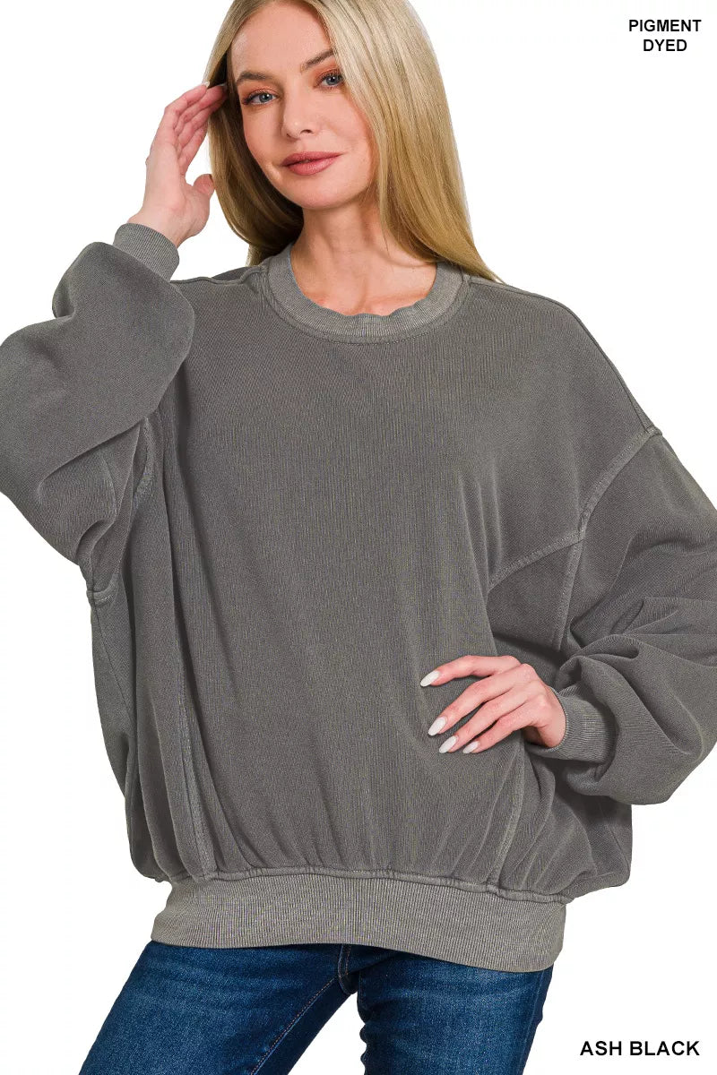 Zenana Soft Fleece Pigment Dye Pullover ASH BLACK Trendsi