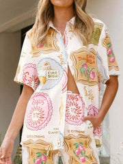 Printed Button Up Shirt and Pants Set OutfitFlow