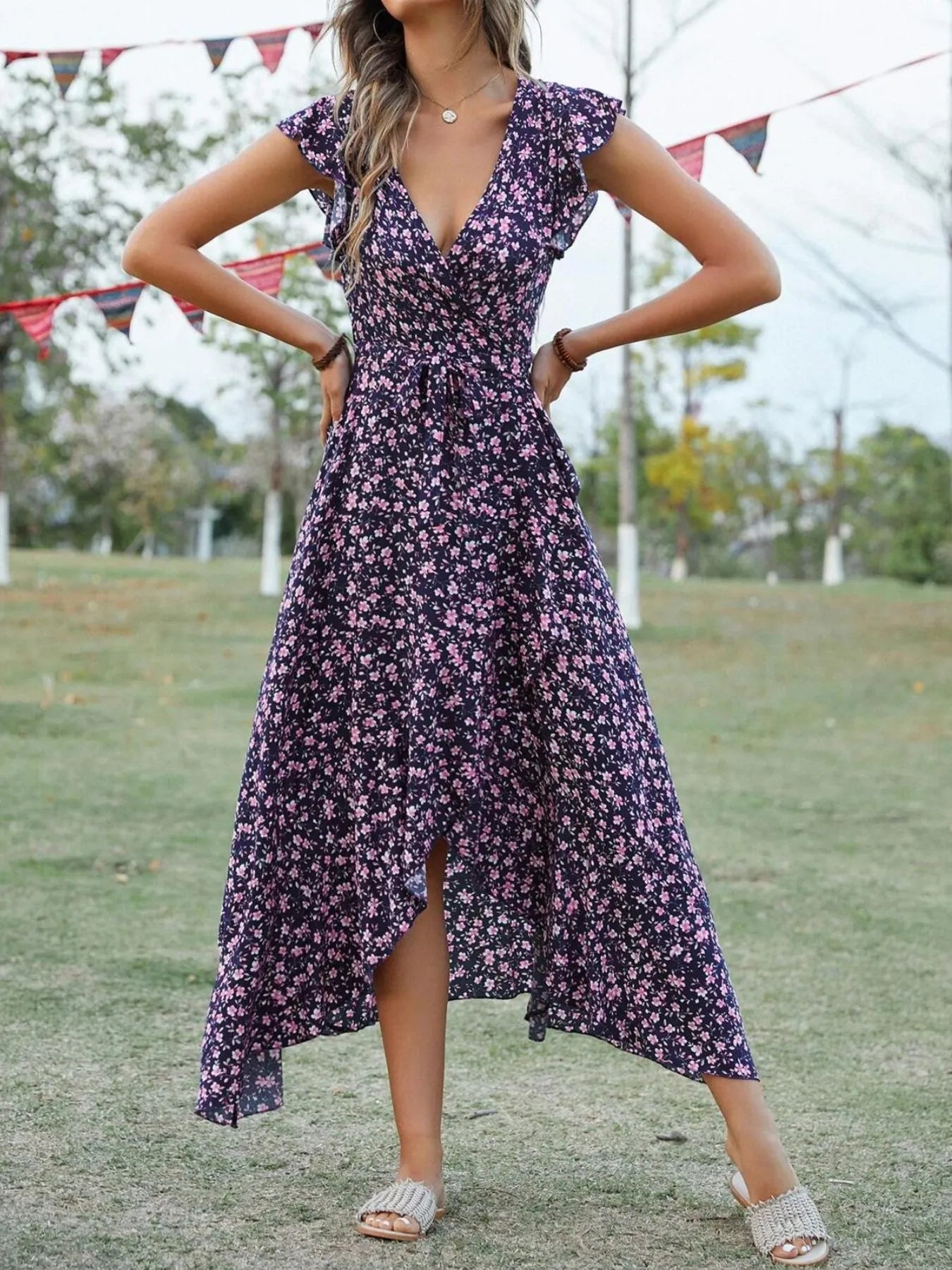Printed Surplice Ruffle Sleeve Dress OutfitFlow