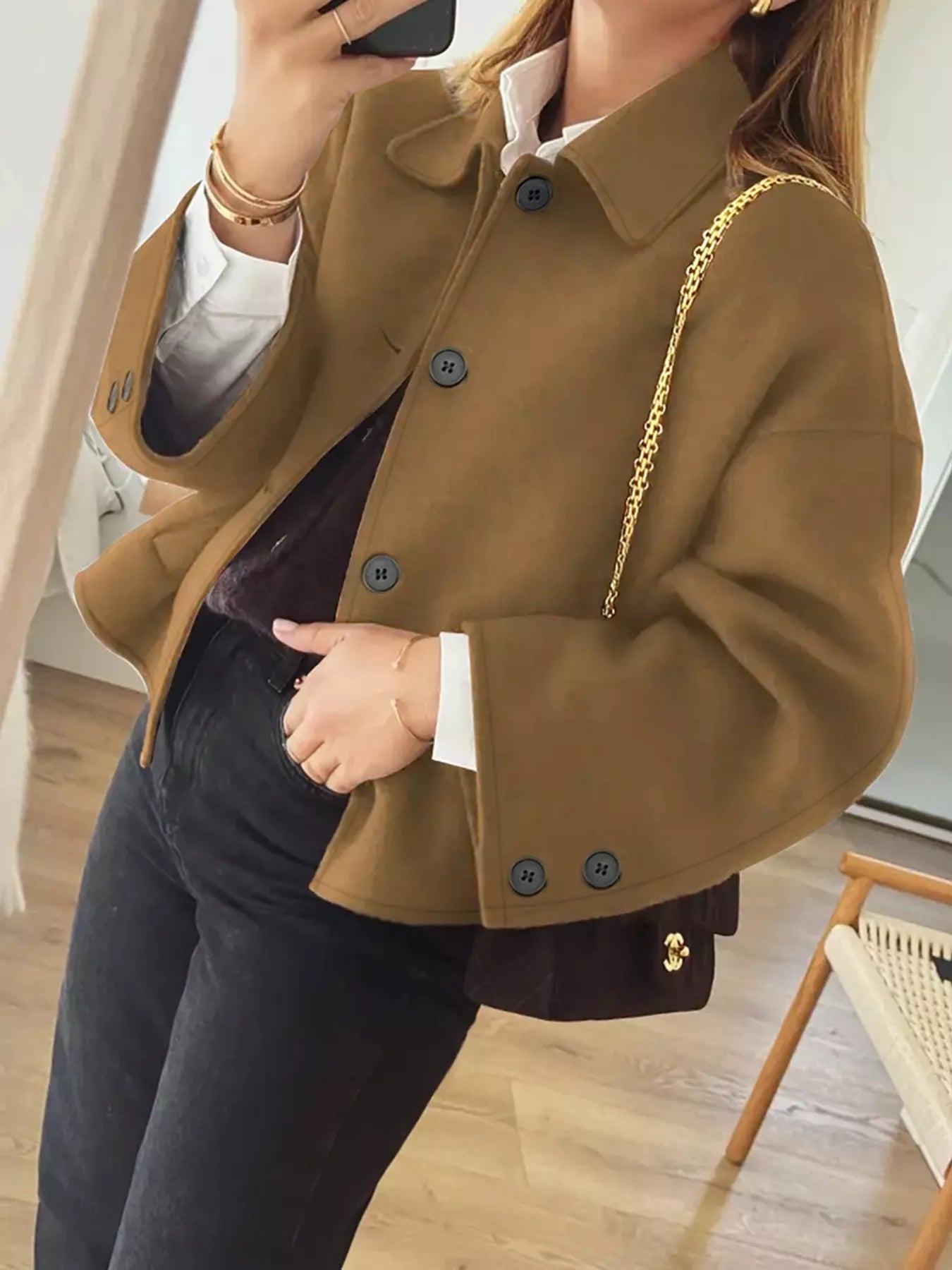 Plus Size Button-Down Cropped Outerwear Brown OutfitFlow