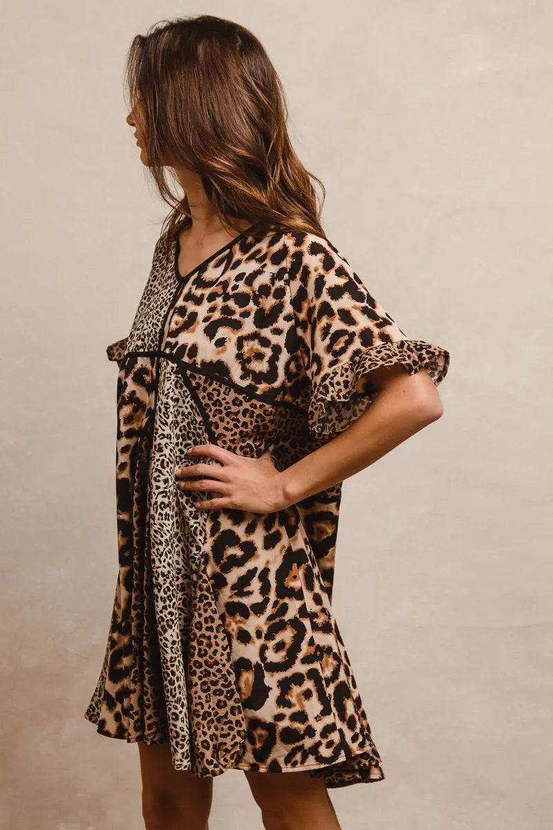 BiBi Leopard Prints Mix and Match Short Sleeves Dress OutfitFlow