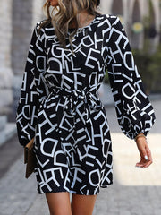 Letter Print Balloon Sleeve Dress OutfitFlow