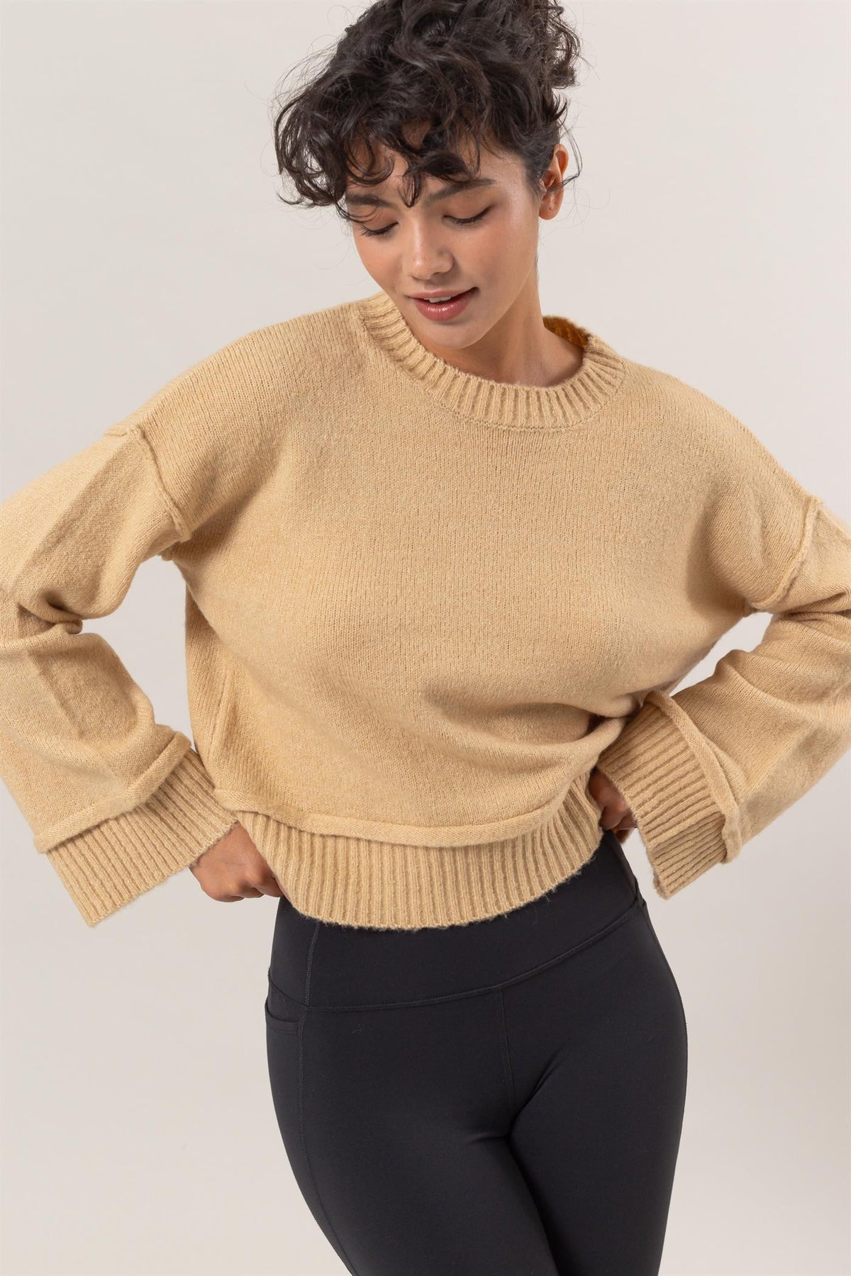 Outfit Flow - HYFVE Round Neck Dropped Shoulder Ribbed Sweater