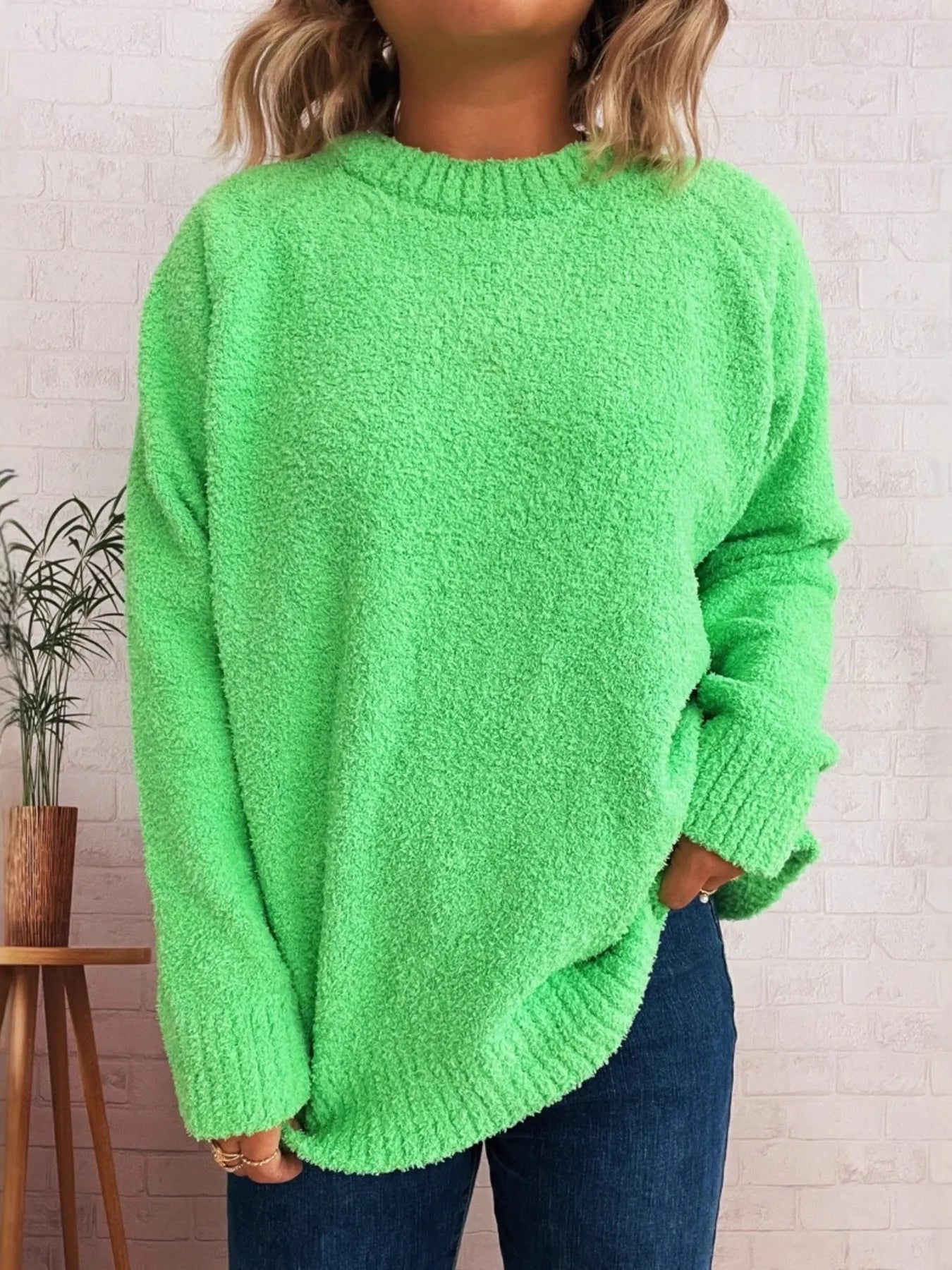 Round Neck Raglan Sleeve Sweater Green One Size OutfitFlow