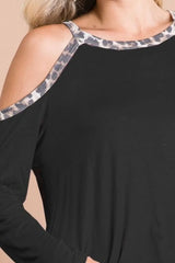 BiBi Jersey Knit Cold Shoulder Top with Leopard Neck OutfitFlow