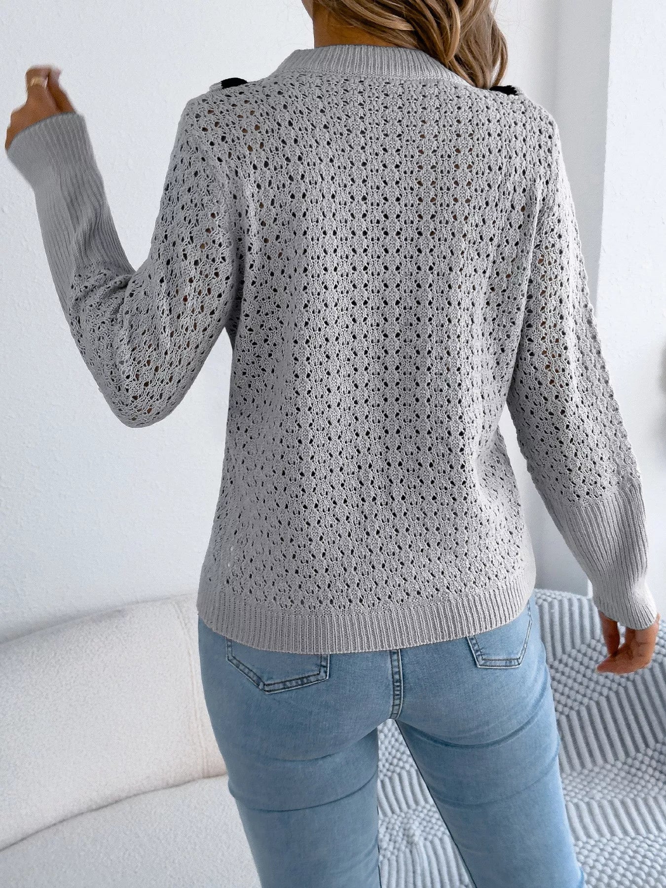 Hollow-Out Knit Top with Contrast Trim OutfitFlow