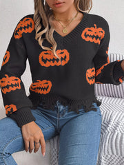 Halloween Pumpkin Pattern Raw Hem V-Neck Sweater OutfitFlow