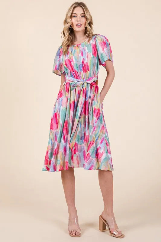 Lime 'N' Chili Watercolor Print Tie Front Midi Dress OutfitFlow