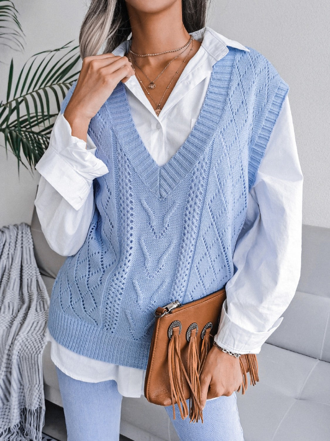 Outfit Flow - Openwork V-Neck Sweater Vest