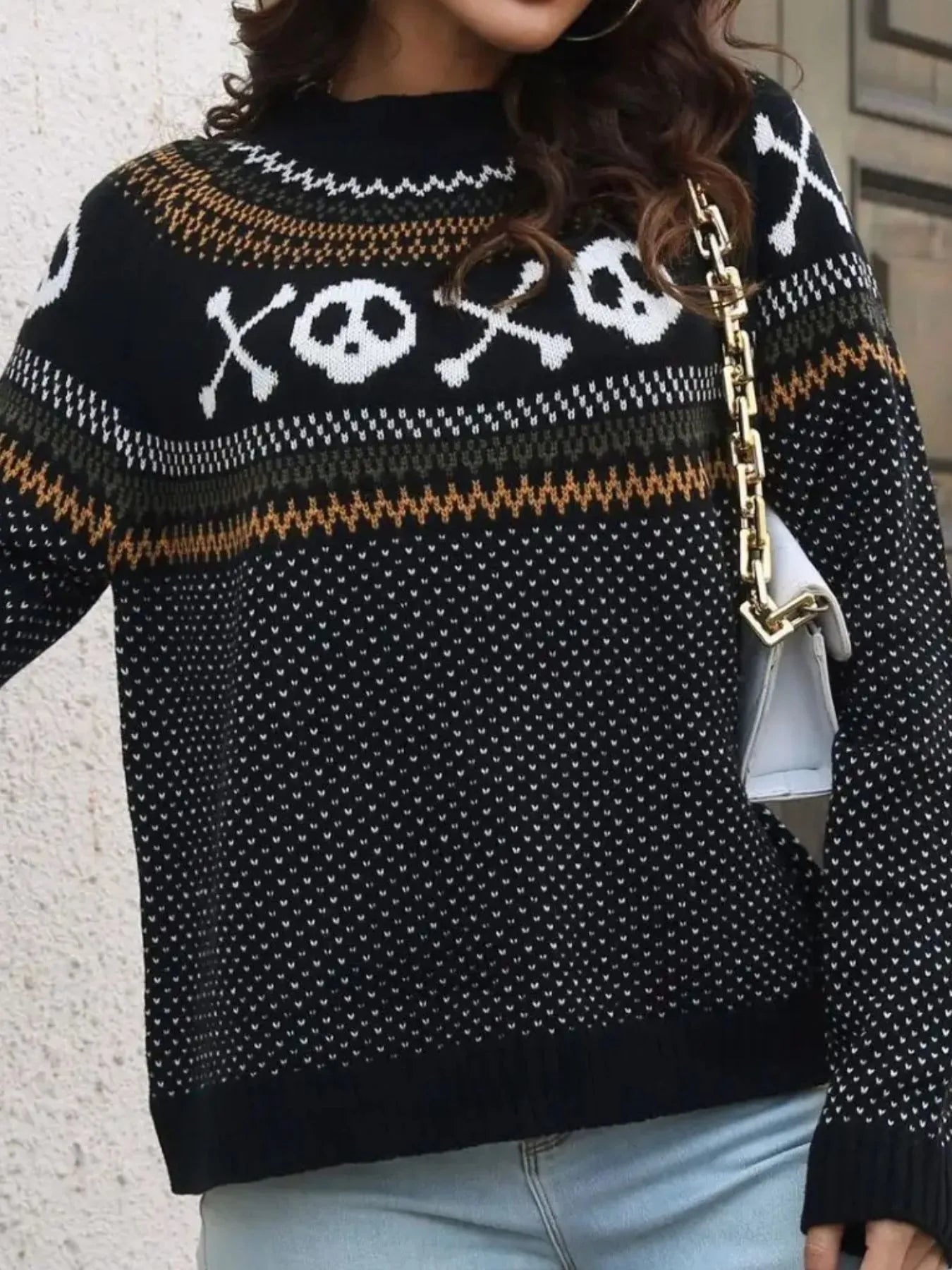 Skull Pattern Round Neck Sweater OutfitFlow