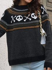 Skull Pattern Round Neck Sweater OutfitFlow